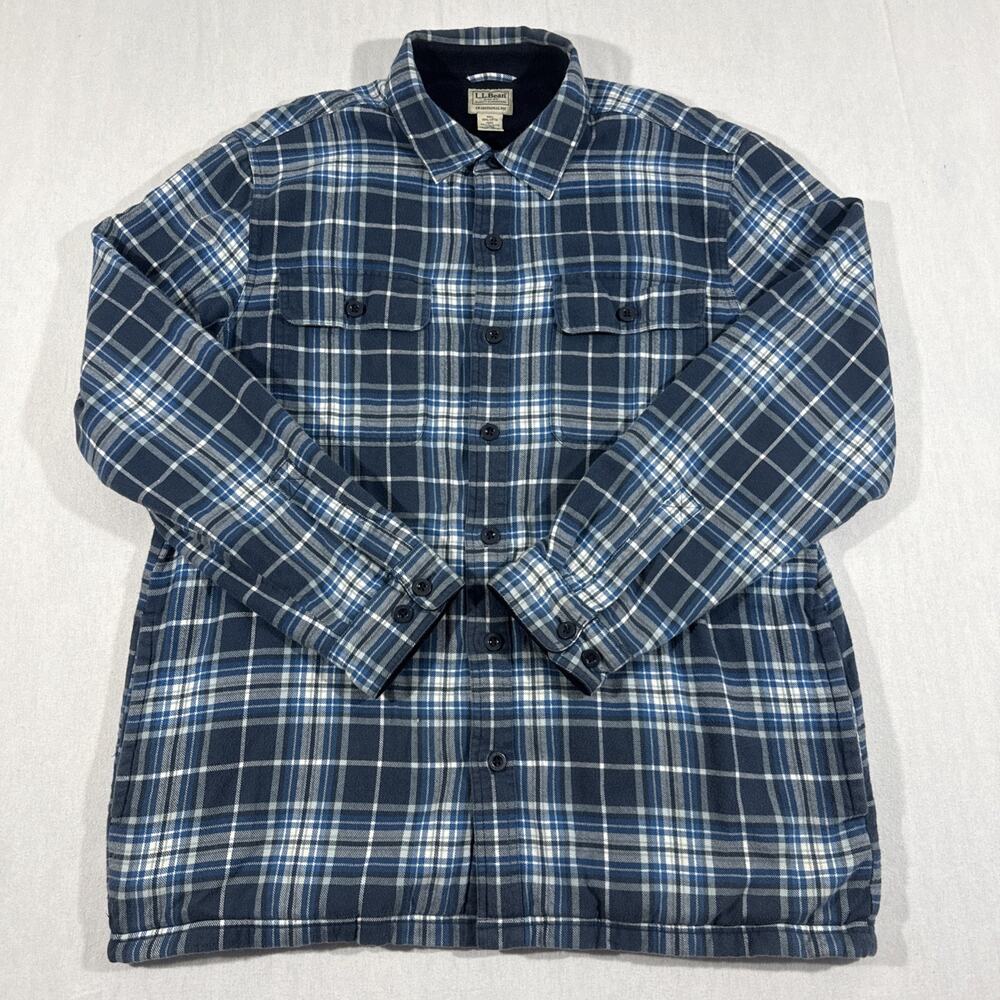 LL Bean Jacket Mens Large Regular Fleece Lined Flannel Shacket Shirt Blue Plaid